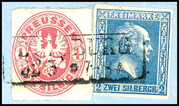 2 Silbergroschen Blau, Voll- Bis Breitrandig In Mischfrankatur Mit 1 Sgr. Rosa Adler, Mit Ra2 Auf Briefstück, Katalog: 1 - Other & Unclassified