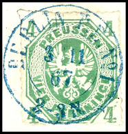 4 Pfennig Gelblichgrün Mit Blauem Dkr. "BERLIN P.E. No1 / 3.11.67" Auf Briefstück, Kabinett, Katalog: 14a BS - Sonstige & Ohne Zuordnung