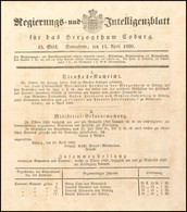 1860, Regierungs- Und Intelligenzblatt Für Das Großherzogtum Coburg Vom 14.April.1860, U.a. Darin Eine Kurze Abhandlung  - Altri & Non Classificati