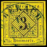 "BIBERACH" Blauer Steigbügelstempel Auf 3 Kr. Auf Dunkelgelb, Voll- Bis Breitrandig, Signiert Irtenkauf BPP, Katalog: 2d - Otros & Sin Clasificación