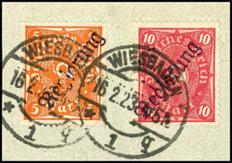 5 M. Und 10 M. Posthorn, Je Aufdrucktype II, Zusammen Auf Briefstück, Tadellos Gestempelt "WIESBADEN 16.2.23", Gepr. Dün - Otros & Sin Clasificación