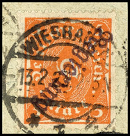 5 M. Posthorn Mit Kopfstehendem Aufdruck, Aufdrucktype II, Auf Briefstück, Zentrisch Gestempelt "WIESBADEN 13.2.23", Tad - Otros & Sin Clasificación