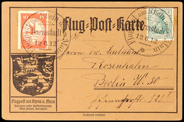 DARMSTADT 12.6.12, Flugpostmarke 10 Pfg Nebst 5 Pfg Germania Auf Graubrauner Flugpostkarte, Glatter Karton, Mit Grußtext - Autres & Non Classés