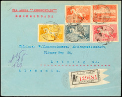 URUGUAY 1931, Luftpost-R-Brief Mit MiNr. 413, 421, 427, 428 U. 433 über Paris Nach Leipzig, Kuvert Unten Waager. Faltspu - Andere & Zonder Classificatie