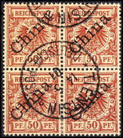 50 Pfg. Krone/Adler Mit Diagonalem Aufdruck Im Gestempelten Pracht-Viererblock Mit K1 TIENTSIN DP 14.5.01, Unten Etwas A - China (kantoren)