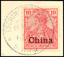 TSCHINGTSCHOUFU (CHINA) 6.1.03, Klar Und Komplett Auf Pracht-Briefstück Mit 10 Pfg. Reichspost-Aufdruckausgabe, Signiert - Chine (bureaux)