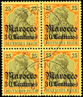 30 C. Auf 25 Pf., Viererblock Tadellos Gestempelt Mit Zwei Abschlägen "TANGER (MAROCCO) DP C(!)", Jede Marke Gepr. Bothe - Deutsche Post In Marokko