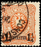 1¼ Pia. Auf 25 Pf. Orangebraun, Gestempelt CONSTANTINOPEL, übliche Zähnung, Min. Erhöht Gepr. Hollmann BPP, Mi. 340.-, K - Turchia (uffici)