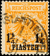 1¼ Pia. Auf 25 Pf. Krone/Adler Gelborange, Gestempelt (CON)STANTINOPEL 1 7/391 (Arge Type 6), Gepr. Hollmann BPP, Fotobe - Deutsche Post In Der Türkei