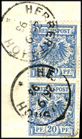 20 Pfg Krone/Adler, Senkrechtes Paar In Der Sehr Seltenen Farbe "lebhaftgrauultramarin" (bb), Stempel HERBERTSHÖH 26/9 9 - Duits-Nieuw-Guinea