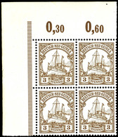 3 Pf. Schiffszeichnung, Nicht Gelisteter Plattenfehler Auf Feld 1 "Delle In Linken Rand Oben", Linker Oberer Eckrand-4er - German New Guinea