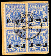 10 Pesa Auf 20 Pf. Krone/Adler, 2 Senkrechte Paare Als 4er-Block Geklebt Auf Briefstück (mittig Waager. Gefaltet), Zentr - Duits-Oost-Afrika