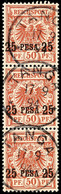 25 Pesa Auf 50 Pf. Krone/Adler, Aufdruck Type II, Senkr. 3er-Streifen, Jede Marke Zentrisch Klar TANGA 17/9 94, Katalog: - Duits-Oost-Afrika