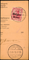 "SCHAARBEEK 1a 29.8.18"; Rückseitig Klar Auf Postanweisungsteil 10 C. Aus "LÖWEN-LEUVEN" Mit 25 C, Katalog: 14,4 BS - 1. WK