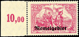 2,50 Mark Germania Mit Aufdruck "Memelgebiet", Dunkelrosalila, Tadellos Postfrisches Luxusstück Dieser Sehr Seltenen Mar - Memelgebiet 1923