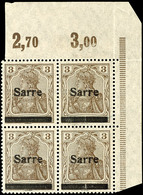 3 Pfg Germania Mit Aufdruck "Sarre" In Type II, Viererblock Vom Eckrand Oben Rechts (Feld 9/10 Und 19/20), Bogenränder V - Otros & Sin Clasificación