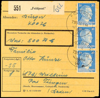 20 Pfg. Hitler Im Senkrechten 3er-Streifen Mit Feldpost-Normstempel "c 730 13.9.44" Auf Feldpost-Wert-Paketkarte Mit Abs - Luxemburg