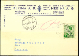 Einzelfrankatur über 1 Din. Auf Firmenkarte Vom 15.9.41 Nach Cacak Mit Aufgabe-Stpl. KRUSEVAC Und Zensur-Stpl. XXI Der Z - 2. WK