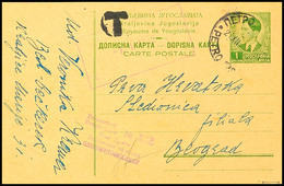 Nachläufer-Ganzsachenkarte Vom Königreich Jugoslawien Mit Wert-Stpl. 1 Din. Nach Belgrad Mit Aufgabe-Stpl. Von PETROVGRA - Sonstige & Ohne Zuordnung