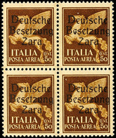 50 C Dunkelbraun, Viererblock Tadellos Postfrisch, Aufdruck Type II, Dabei Die Rechte Obere Marke Mit Bogenfeldvariante  - Occup. Tedesca: Zara