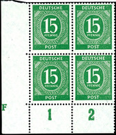 15 Pfg Ziffern, Viererblock Vom Eckrand Unten Links Mit Druckerzeichen "F", Tadellos Postfrisch, Mi. 1.200.- - Eines Der - Sonstige & Ohne Zuordnung