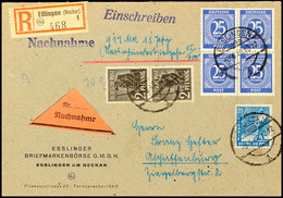 25 Pfg. Lebhaftlilaultramarin, 4er-Block Mit Zusatzfrankatur Auf Reco-Nachnahme-Brief Von "ESSLINGEN 3.6.48" Nach Aschaf - Sonstige & Ohne Zuordnung