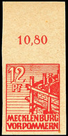 12 Pf. Braunrot, Ungezähntes Oberrandstück, Tadellos **, Gepr. Kramp BPP, Mi. 500,-, Katalog: 36ydU ** - Andere & Zonder Classificatie