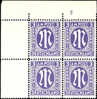 3 Pfg AM-Post, Englischer Druck, Auf Papier Y, Eckrand-4er-Block Mit Platten-Nr. "6A", Tadellos Postfrisch, Unsigniert,  - Andere & Zonder Classificatie