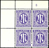 3 Pfg AM-Post, Englischer Druck, Auf Papier Y, Eckrand-4er-Block Mit Platten-Nr. "6D", Tadellos Postfrisch, Unsigniert,  - Otros & Sin Clasificación