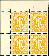 6 Pfg AM-Post, Englischer Druck, Eckrand-4er-Block Mit Platten-Nr. "1B", Tadellos Postfrisch, Unsigniert, Kleiner Eckbug - Altri & Non Classificati