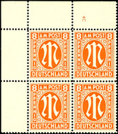 8 Pfg AM-Post, Englischer Druck, Eckrand-4er-Block Mit Platten-Nr. "4C", Tadellos Postfrisch, Unsigniert, Mi. 316,-, Kat - Autres & Non Classés