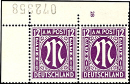 12 Pf. AM-Post Englischer Druck, Dunkelrotviolett, Gez. 14 3/4:14½, Waager. Linkes Oberes Eckrandpaar Mit Plattennummer  - Andere & Zonder Classificatie