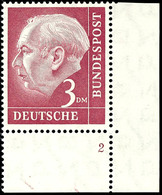 3 DM Heuss Mit Rechter Unterer Bogenecke Und Platten-Nr. "2", Tadellos Postfrisch, Unsigniert, Katalog: 196Pl.-Nr. ** - Sonstige & Ohne Zuordnung