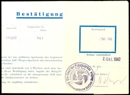 Auto: 1942, Buchungsbestätigungs-Vordruck Der Deutschen Arbeitsfront über 250 RM Für Einen KdF-Wagen (Sparkarte) Mit Bri - Autres & Non Classés