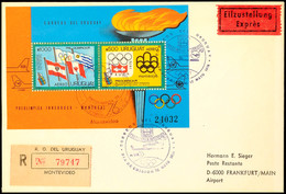 1976 Sommer-Olympiade MONTREAL U. Winter-Olympiade INNSBRUCK, Uruguay Block 25 Auf Eilboten-R-FDC Nach Lorch (Ankunftsst - Altri & Non Classificati