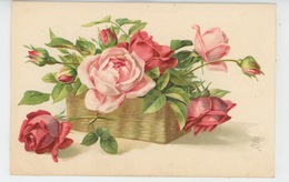 FLEURS - Jolie Carte Fantaisie Fleurs Roses Dans Corbeille Signée MB - Flores