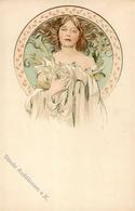 Mucha, Alfons Frau Mit Blumen Künstler-Karte I-II (Klebereste RS) - Sin Clasificación