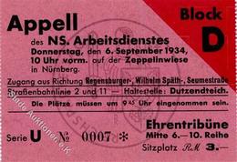 Reichsparteitag WK II Nürnberg (8500) 1934 Eintrittskarte Appell Des NS Arbeitsdienstes II (Mittelbug) - War 1939-45