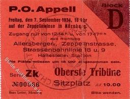 Reichsparteitag WK II Nürnberg (8500) 1934 Eintrittskarte P. O. Appell II (Mittelbug, Kl. Einriss) - Oorlog 1939-45