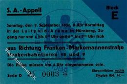 Reichsparteitag WK II Nürnberg (8500) 1934 Eintrittskarte SA Appell II (Mittelbug) - Guerre 1939-45