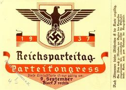 Reichsparteitag WK II Nürnberg (8500) 1937 Eintrittskarte Parteikongress 9. September I-II - War 1939-45