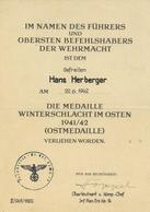 Verleihungsurkunde Die Medaille Winterschlacht Im Osten 1941/42 Ostmedaille I-II (fleckig) - War 1939-45