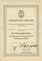Verleihungsurkunde Kriegsabzeichen Für Minensuch- Ubootsjagd- U. Sicherungsverbände I-II (Stauchung) - Guerre 1939-45