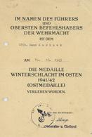 Verleihungsurkunde WK II Die Medaille Winterschlacht Im Osten 1941/42 (Ostmedaille) II (Stauchung, Aktenlochung) - Guerre 1939-45