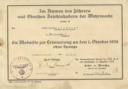 Verleihungsurkunde WK II Medaille Zur Erinnerung An Den 1. Oktober 1938 (Sudetenland-Medaille) II (fleckig, Einkerbung) - Guerre 1939-45