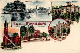 Rummelsburg (O1199) Cafe Bellevue Rathaus Kirche Waisenhaus Liebesinsel Lithographie 1902 I-II (Ecken Abgestoßen) - Cameroun