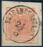 1850 3kr Rosa HP III. Alul Festékelkenődés, Alsó ívszéli érték / Paint Stripe, Margin Piece 'ELISABETHSTADT' Certificate - Other & Unclassified