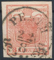 O 1850 3kr Paradicsompiros / Tomato Red, MP Ib, Gravurtype 1-2 'PESTH' Certificate: Strakosch - Other & Unclassified