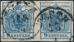 O 1850 9kr Pár MP III. élénk Sötétkék, Lemezhiba A Bal Oldalon - Fehér Folt / Dark Blue Pair With Plate Flaw 'PESTH' Cer - Sonstige & Ohne Zuordnung