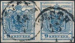 O 1850 9kr Pár MP III. élénk Sötétkék, Lemezhiba A Bal Oldalon - Fehér Folt / Dark Blue Pair With Plate Flaw 'PESTH' Cer - Autres & Non Classés